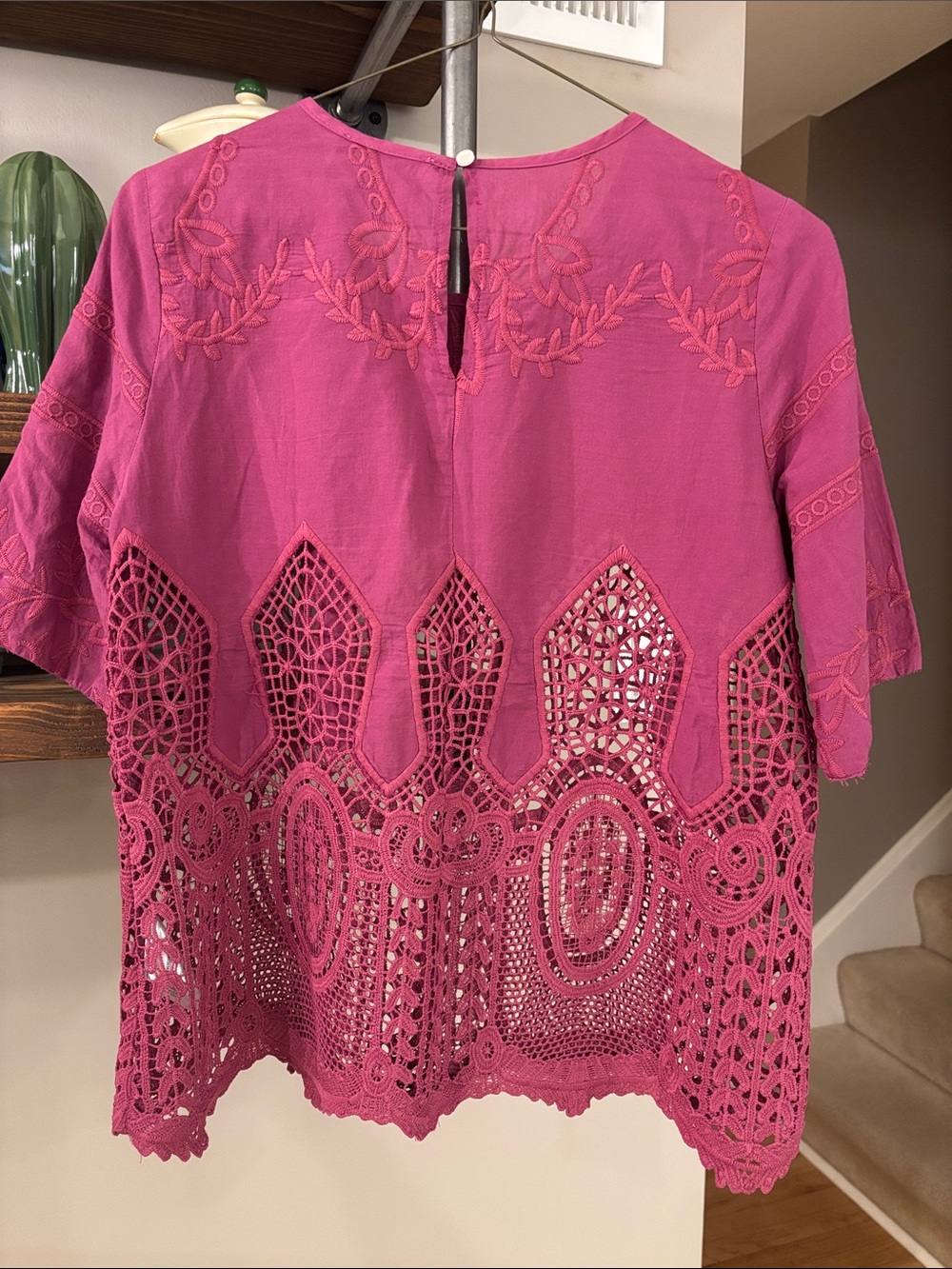 Anthropologie Chloe Oliver Pink Embroidered Crochet Lace Top S Modified Sleeve - Picture 9 of 9